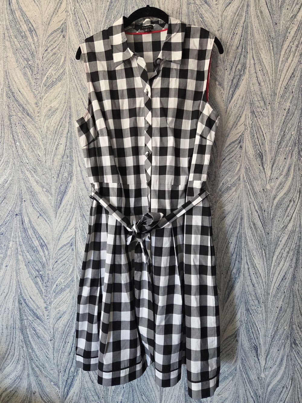 Sleeveless Black and White Gingham Tie-Waist Shirt Dress